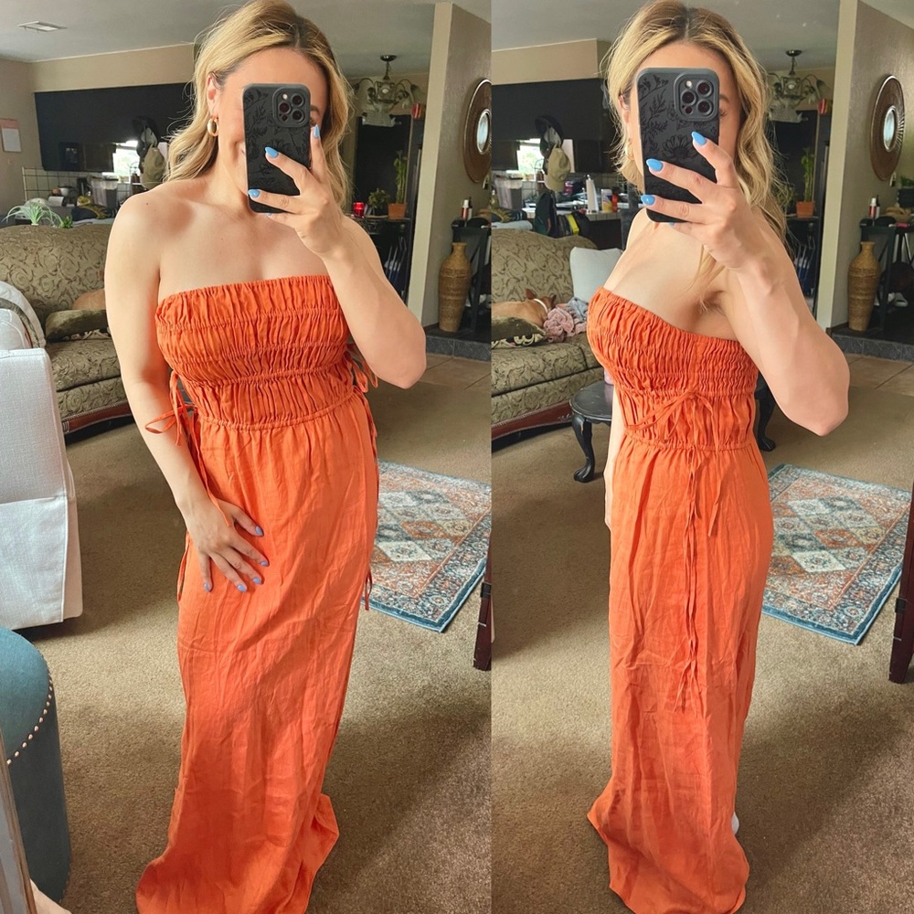 Peony | NWOT! Strapless Linen Shirred Midi Dress Size: Medium